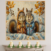 Charming Painting of Two Squirrels in Colorful Hoodies Sitting in a Cozy Autumn Setting Surrounded by Blankets and Golden Leaves with Whimsical Expressions on Ready to Hang 1.5" Thick Canvas Wrap, Floating Framed Canvas, Flat Rolled Canvas